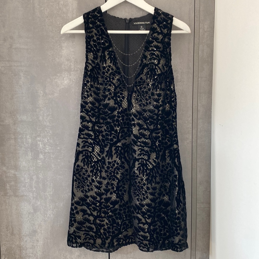 Vivienne Tam burnout velvet dress with draped beading and gold sequin underlay